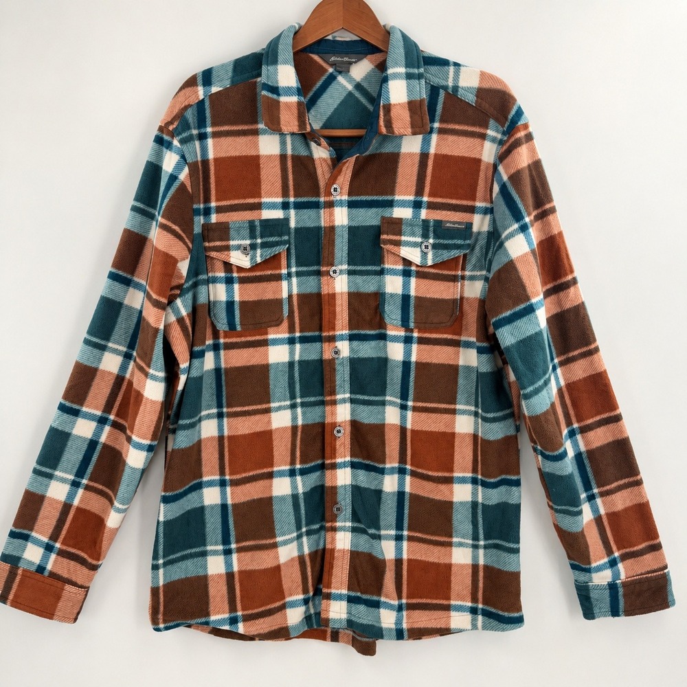 Eddie Bauer Gorpcore Plaid Fleece Shirt Mens Large Cabin Outdoorsy Hiking Cozy